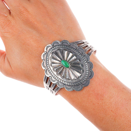 6.6" 1940s Fred Harvey Era Navajo sterling silver turquoise concho cuff bracelet