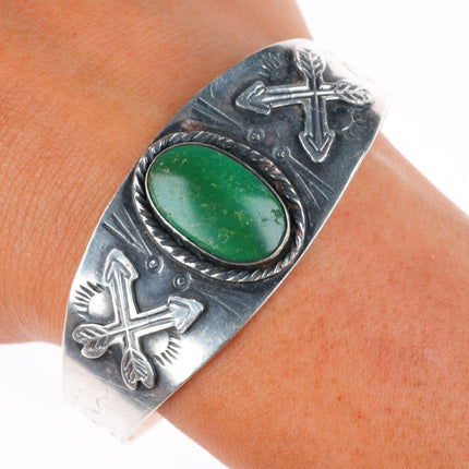 6.6" 1940's Fred Harvey Era Navajo sterling silver turquoise snakes/arrows cuff bracelet