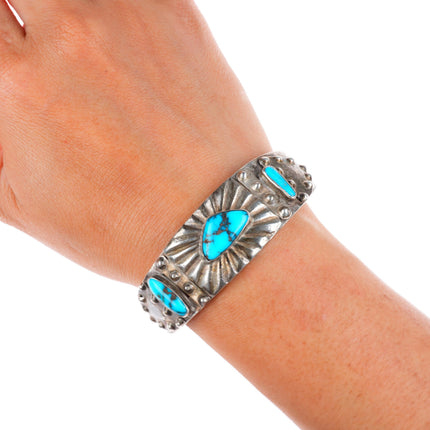 6.4" c1930 Navajo ingot silver rayed repousse high grade turquoise cuff bracelet