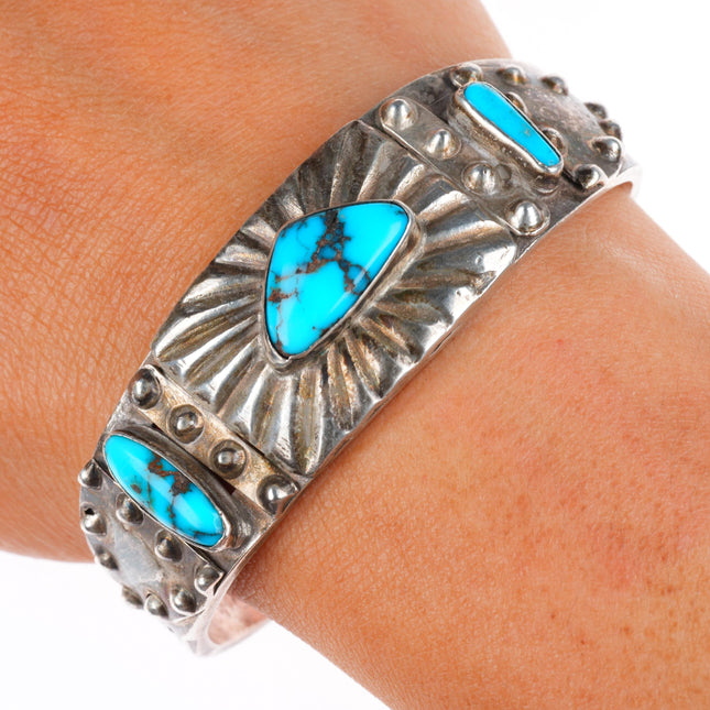 6.4" c1930 Navajo ingot silver rayed repousse high grade turquoise cuff bracelet