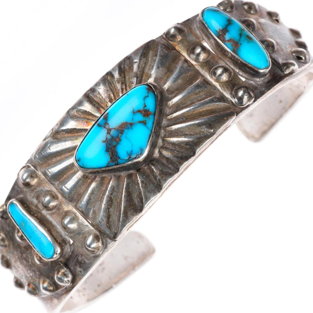 6.4" c1930 Navajo ingot silver rayed repousse high grade turquoise cuff bracelet