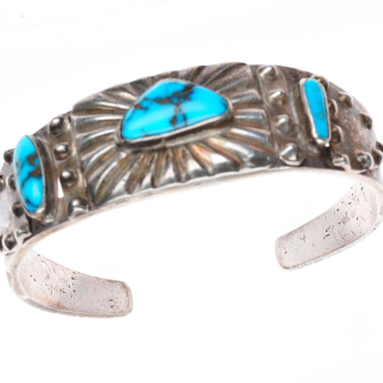 6.4" c1930 Navajo ingot silver rayed repousse high grade turquoise cuff bracelet