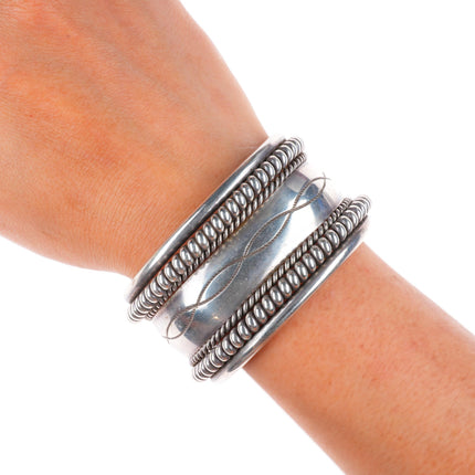 6.4" Tahe Navajo sterling silver twisted wire stamped heavy cuff bracelet