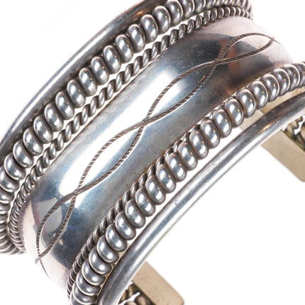 6.4" Tahe Navajo sterling silver twisted wire stamped heavy cuff bracelet