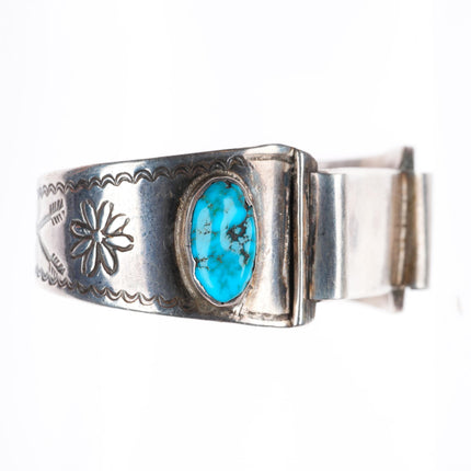 6.4" c1930's Navajo Ingot silver spiderweb turquoise watch cuff bracelet