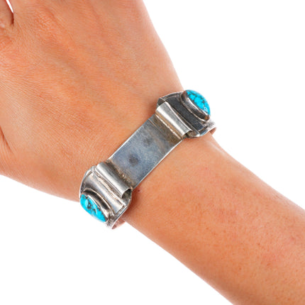 6.4" c1930's Navajo Ingot silver spiderweb turquoise watch cuff bracelet