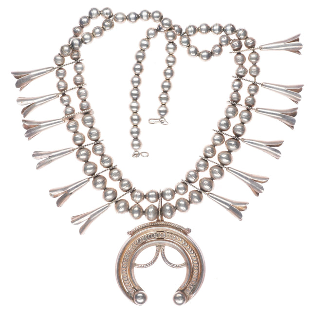 c1920's Antique Navajo Ingot silver squash blossom Necklace with ornate Naja