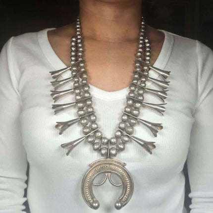 c1920's Antique Navajo Ingot silver squash blossom Necklace with ornate Naja