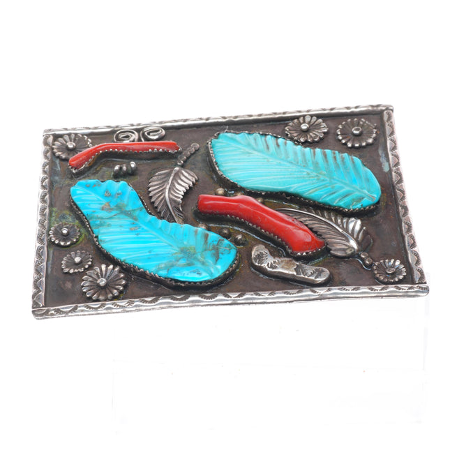 1.75" vintage Zuni sterling silver carved turquoise & Branch coral belt buckle