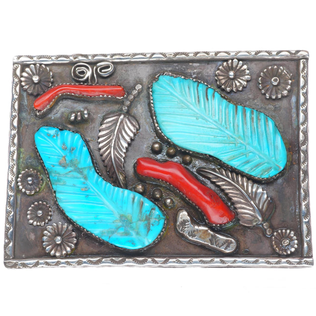 1.75" vintage Zuni sterling silver carved turquoise & Branch coral belt buckle