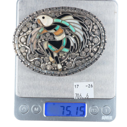 1.5" vintage Zuni John Lucio Eagle Dancer inlaid sterling silver belt buckle