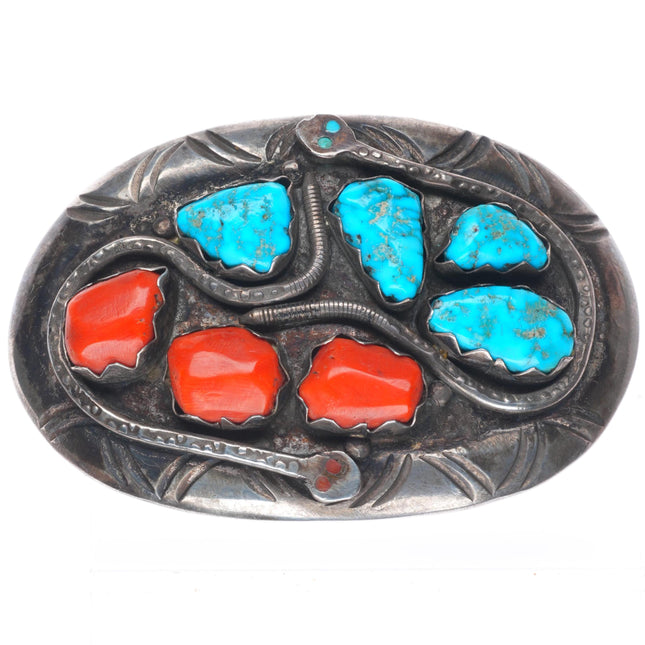 1.5" Big vintage Effie Calavaza Zuni sterling silver turquoise coral belt buckle