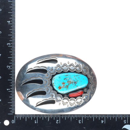 1.5" Arnold Goodluck Navajo sterling silver bear paw belt buckle turquoise/coral
