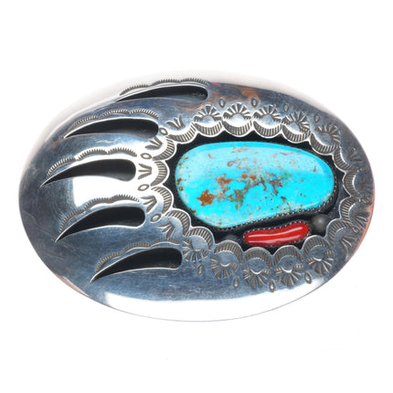 1.5" Arnold Goodluck Navajo sterling silver bear paw belt buckle turquoise/coral