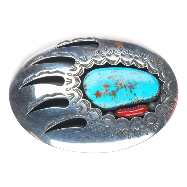 1.5" Arnold Goodluck Navajo sterling silver bear paw belt buckle turquoise/coral