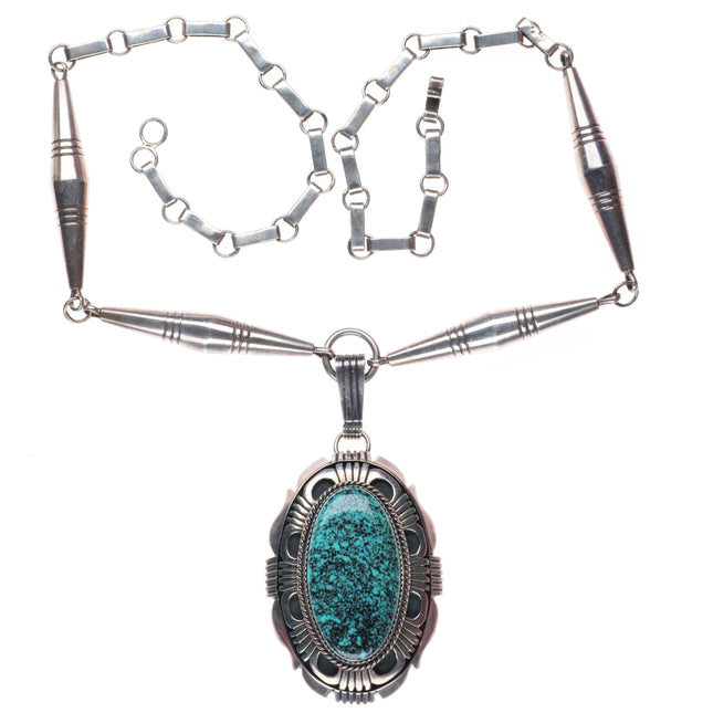 Will Denetdale Navajo sterling silver spiderweb turquoise cone beaded necklace