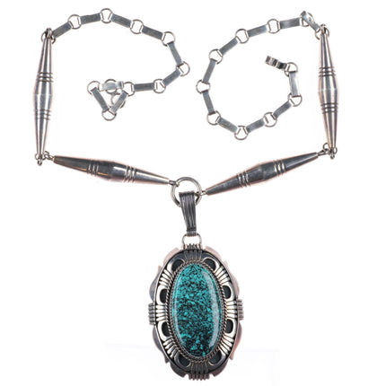 Will Denetdale Navajo sterling silver spiderweb turquoise cone beaded necklace