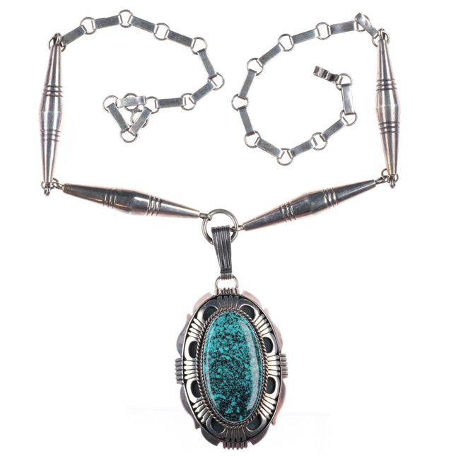 Will Denetdale Navajo sterling silver spiderweb turquoise cone beaded necklace
