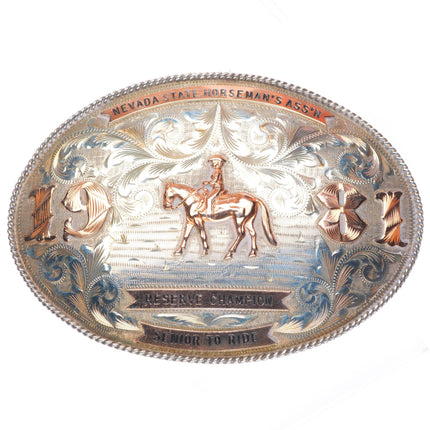 1.5" Huge Vogt 10k gold Sterling silver Nevada Horseman Trophy belt buckle