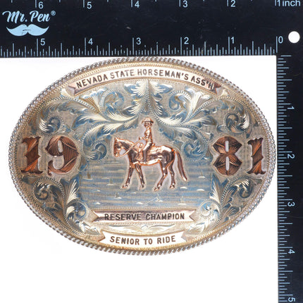 1.5" Huge Vogt 10k gold Sterling silver Nevada Horseman Trophy belt buckle