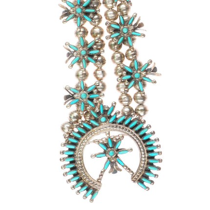 Lorna Mahkee Zuni sterling silver needlepoint turquoise squash blossom necklace