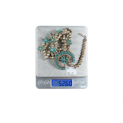 Lorna Mahkee Zuni sterling silver needlepoint turquoise squash blossom necklace