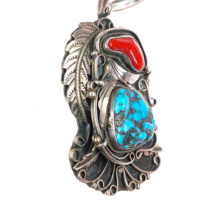 24" Large Justin Morris Navajo sterling silver turquoise/coral pendant necklace