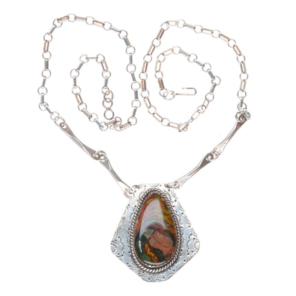 27" Vintage Navajo sterling silver Agate link necklace with nice stampwork