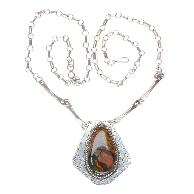 27" Vintage Navajo sterling silver Agate link necklace with nice stampwork