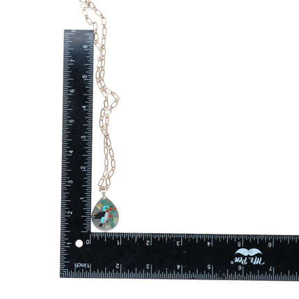 22" Laconsello Zuni sterling silver flush inlaid Hummingbird pendant necklace