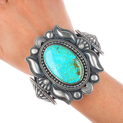 6.9" Hemerson Brown Navajo sterling silver spiderweb turquoise cuff bracelet
