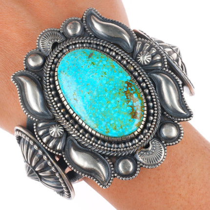 6.9" Hemerson Brown Navajo sterling silver spiderweb turquoise cuff bracelet