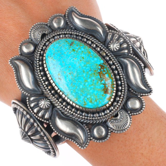 6.9" Hemerson Brown Navajo sterling silver spiderweb turquoise cuff bracelet