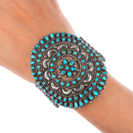 6.9" c1930's Zuni sterling silver large petit point nice turquoise cuff bracelet
