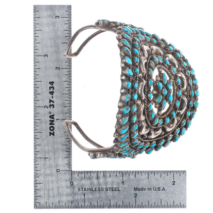 6.9" c1930's Zuni sterling silver large petit point nice turquoise cuff bracelet