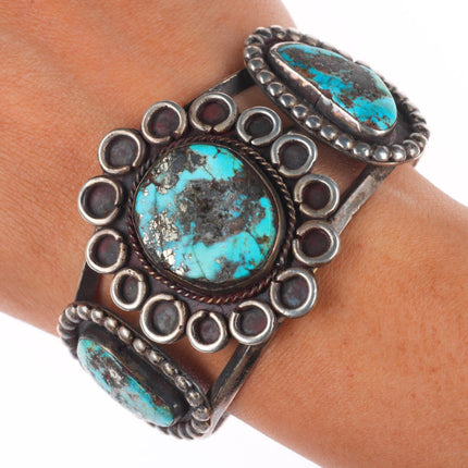 6.7" c1960's vintage Navajo sterling silver turquoise 3 stone cuff bracelet