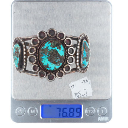 6.7" c1960's vintage Navajo sterling silver turquoise 3 stone cuff bracelet