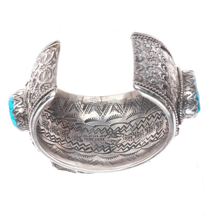 6.9" Carl & Irene Clark Navajo sterling silver turquoise and coral cuff bracelet