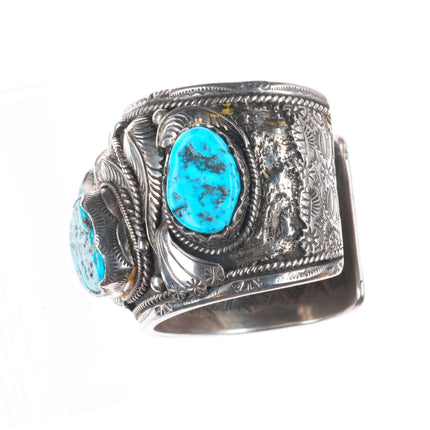 6.9" Carl & Irene Clark Navajo sterling silver turquoise and coral cuff bracelet