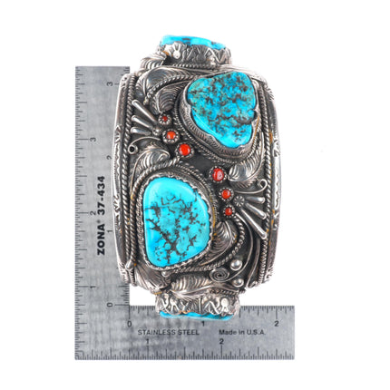 6.9" Carl & Irene Clark Navajo sterling silver turquoise and coral cuff bracelet