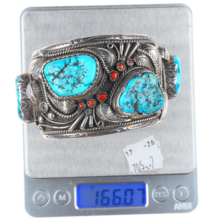 6.9" Carl & Irene Clark Navajo sterling silver turquoise and coral cuff bracelet