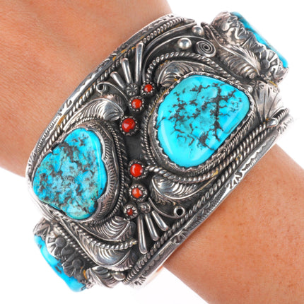 6.9" Carl & Irene Clark Navajo sterling silver turquoise and coral cuff bracelet