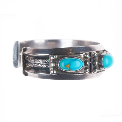 7" c1930 Vintage Navajo Ingot silver 5 stone turquoise cuff bracelet