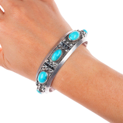 7" c1930 Vintage Navajo Ingot silver 5 stone turquoise cuff bracelet