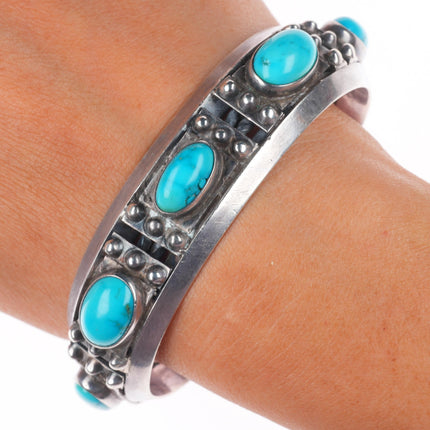 7" c1930 Vintage Navajo Ingot silver 5 stone turquoise cuff bracelet