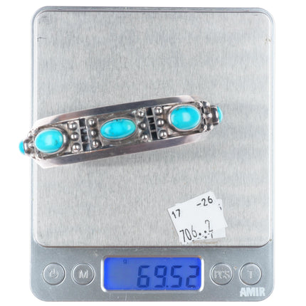 7" c1930 Vintage Navajo Ingot silver 5 stone turquoise cuff bracelet
