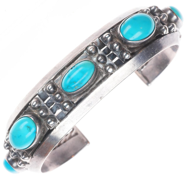 7" c1930 Vintage Navajo Ingot silver 5 stone turquoise cuff bracelet