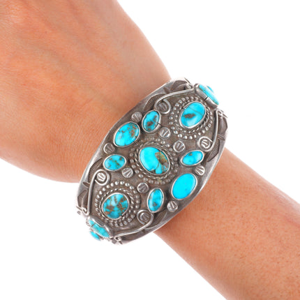 7.5" 30's-40's Navajo masterpiece sterling silver turquoise cuff bracelet