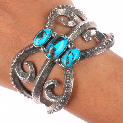 6.75" Philander Begay Navajo Tufa Cast sterling silver-turquoise cuff bracelet