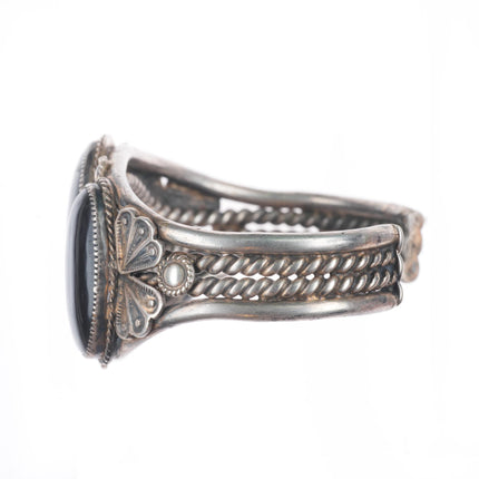 6.5" c1950's Vintage Navajo sterling silver 3 stone onyx cuff bracelet